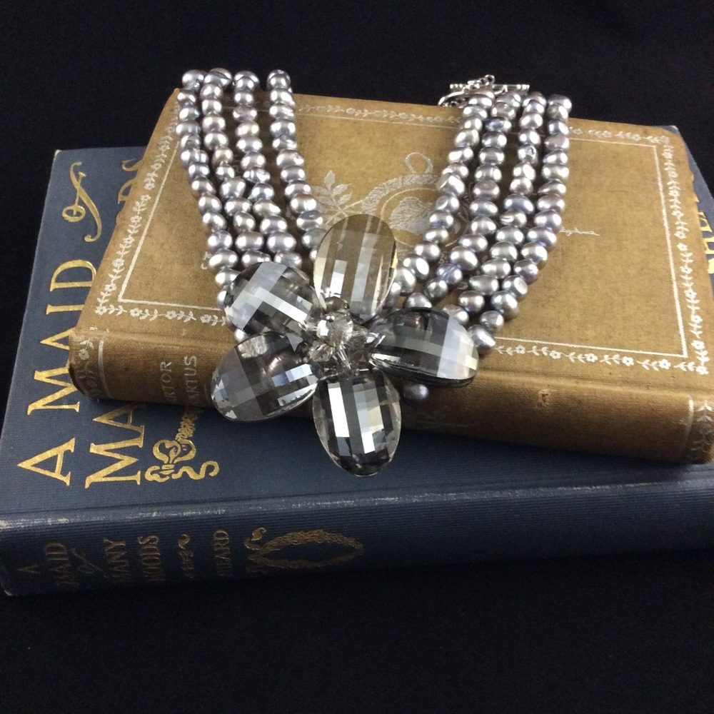 Grey Pearl and Crystal Flower Statement Chocker
